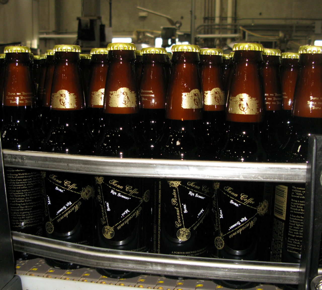 Bottles of Ken Schmidt/Maui/Stone Kona Coffee, Macadamia, Coconut Porter Bottles of Ken Schmidt/Maui/Stone Kona Coffee, Macadamia, Coconut Porter on the bottling line